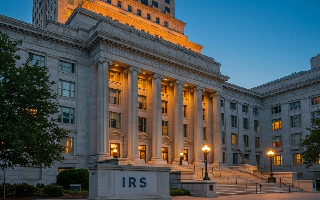 IRS building at dusk with illuminated columns and signage, symbolizing tax authority and compliance, relevant to tax resolution services by Cotts Law.